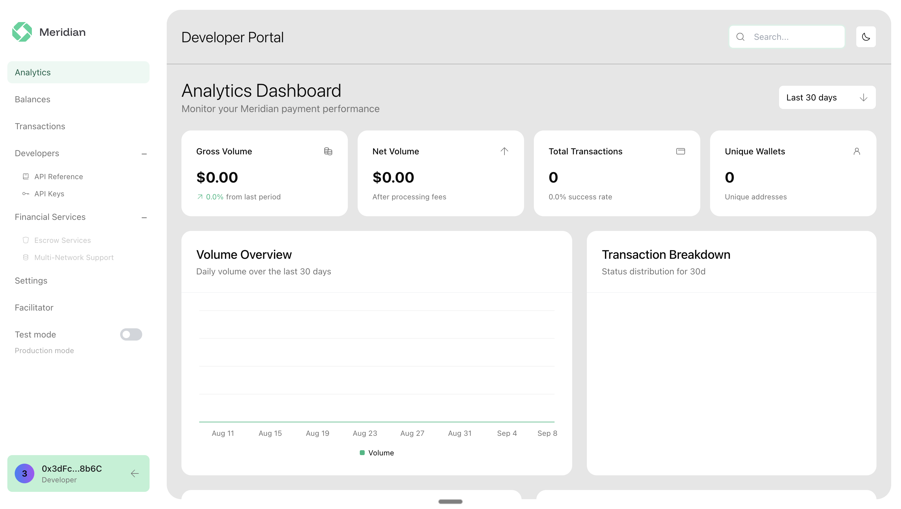 Meridian Developer Portal - Dashboard Interface
