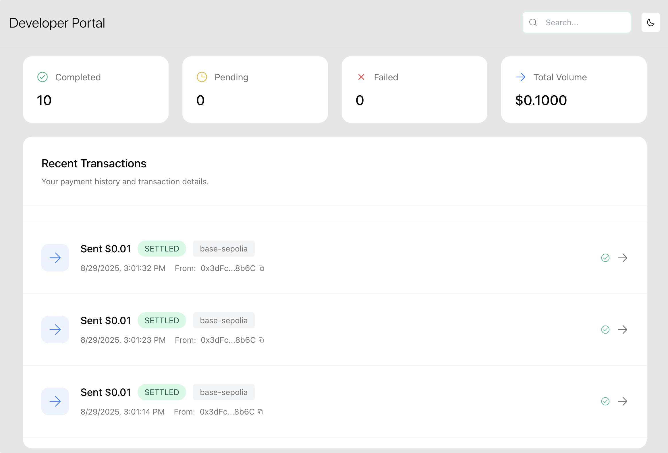 Meridian Developer Portal - Transactions Interface